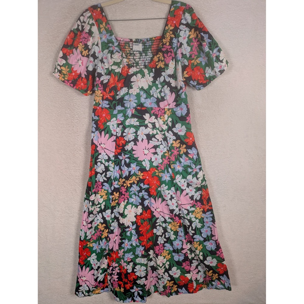 Old Navy Fit & Flare Dress Women's L Multicolor Floral Smocked Puff Sleeve Midi